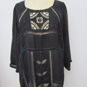 Eyelet Embroidery Shift Dress Arts Craft Black Rayon
